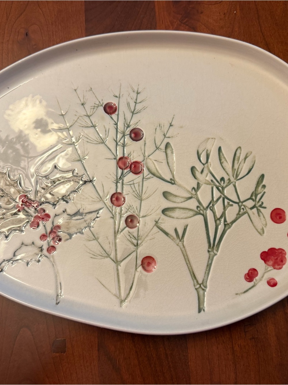 Bloomingville White Holiday Botanical Serving Platter with Red Berry Accents